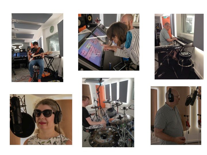 Included are six photos in two rows of three. Top left shows bass guitarist sitting on a stool recording their parts. Bottom left shows female vocalist who is wearing headphones and standing in front of a microphone. Top middle, a group member working on the computer touch screen with the studio engineer. Bottom middle shows the drummer sitting behind the kit, warming up ready to play. Top right shows a group member sitting and playing the keyboard. Bottom right shows male vocalist who is wearing headphones and standing in front of a microphone singing.