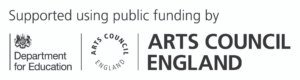 Image shows the Department For Education and the Arts Council England logos with writing saying Supported using public funding.