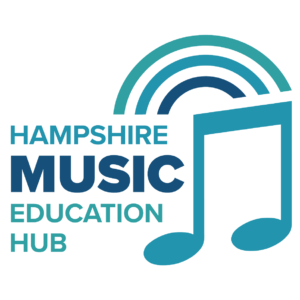 Image shows the Hampshire Music Education Hub Logo with a music note and sound waves to the right of the image. All in the colour blue.